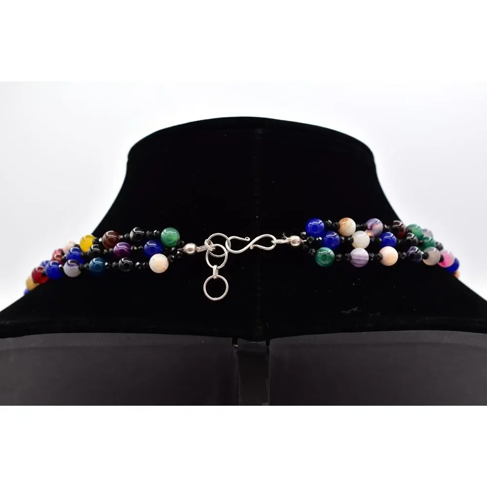 Vintage Multi-Strand Colorful Glass Cabochon Beaded Necklace Crystal 1980s BinAU